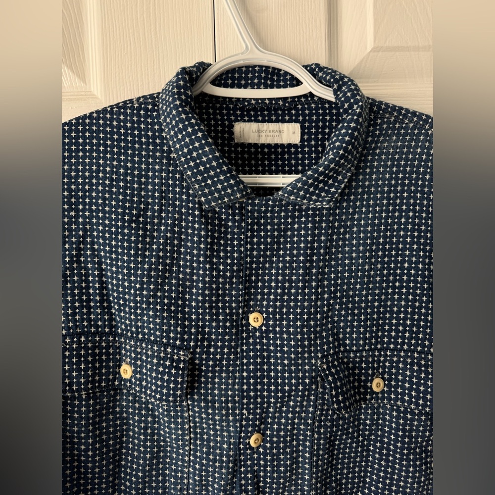 Lucky Brand Navy Blue & White Short Sleeve Button Down Shirt M